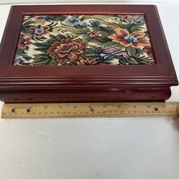 Vtg Wooden Jewelry Box Dark Floral Fabric Top Pink Felt Interior‎ Mirror In Lid - Picture 8 of 11